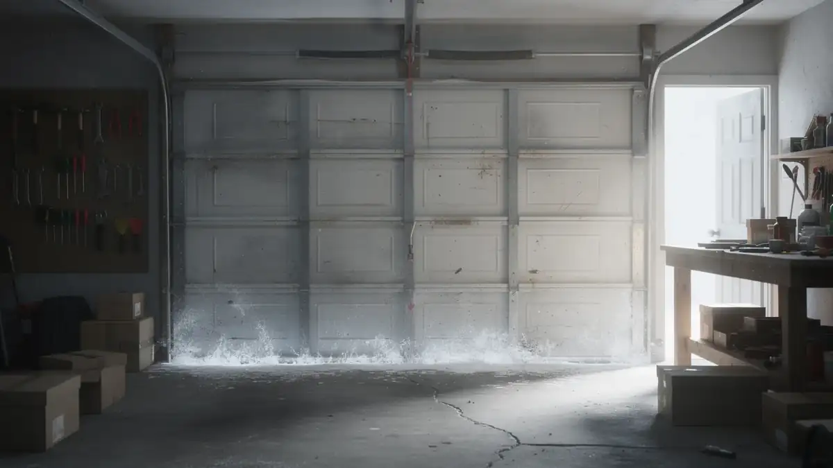 The garage door is closed with water splashing against the bottom.