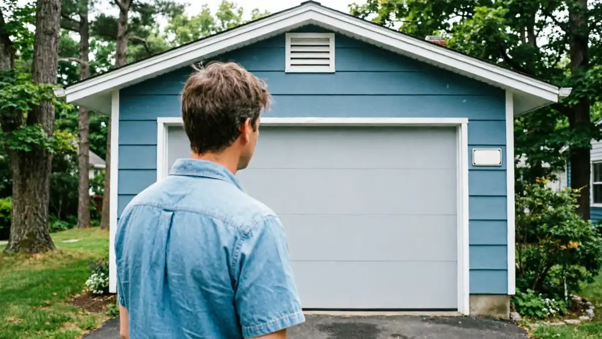 A man in a blue shirt stands facing a blue garage with a gray door.