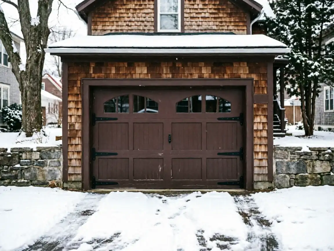 A brown garage door with windows and decorative hinges on a snowy day.
