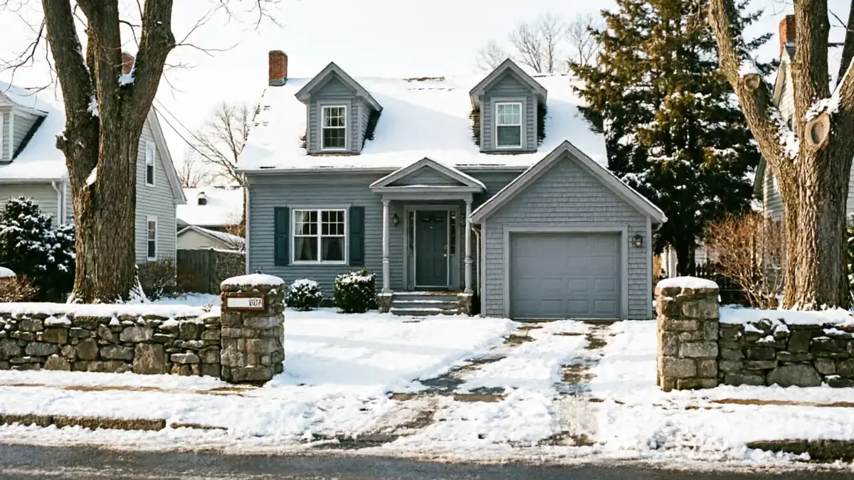 A gray house with a gray garage door and snow on the roof and ground.
