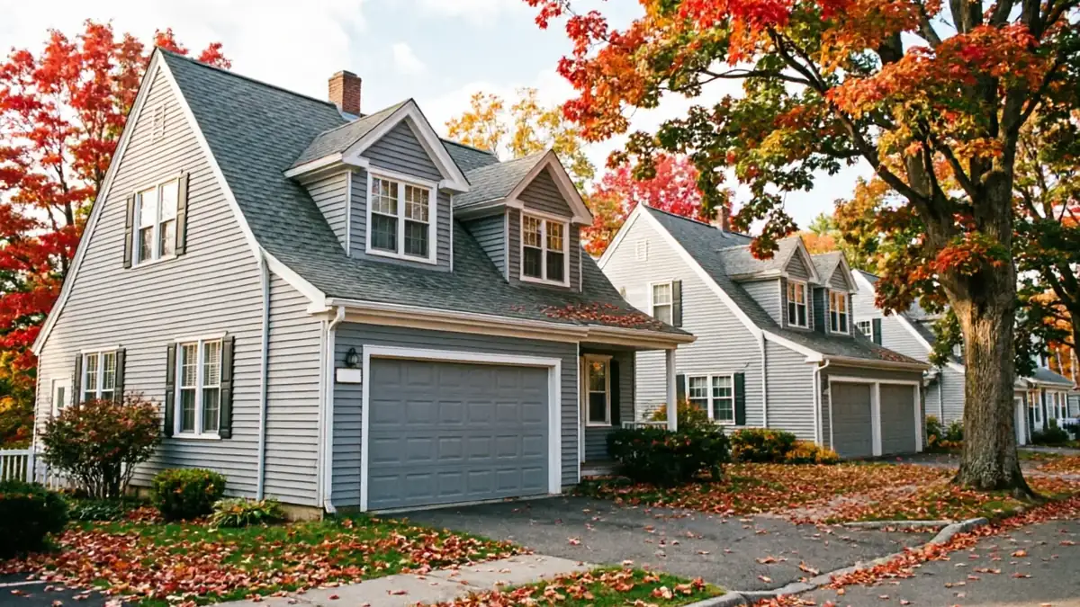 Two houses with gray garage doors and autumn leaves on the ground.