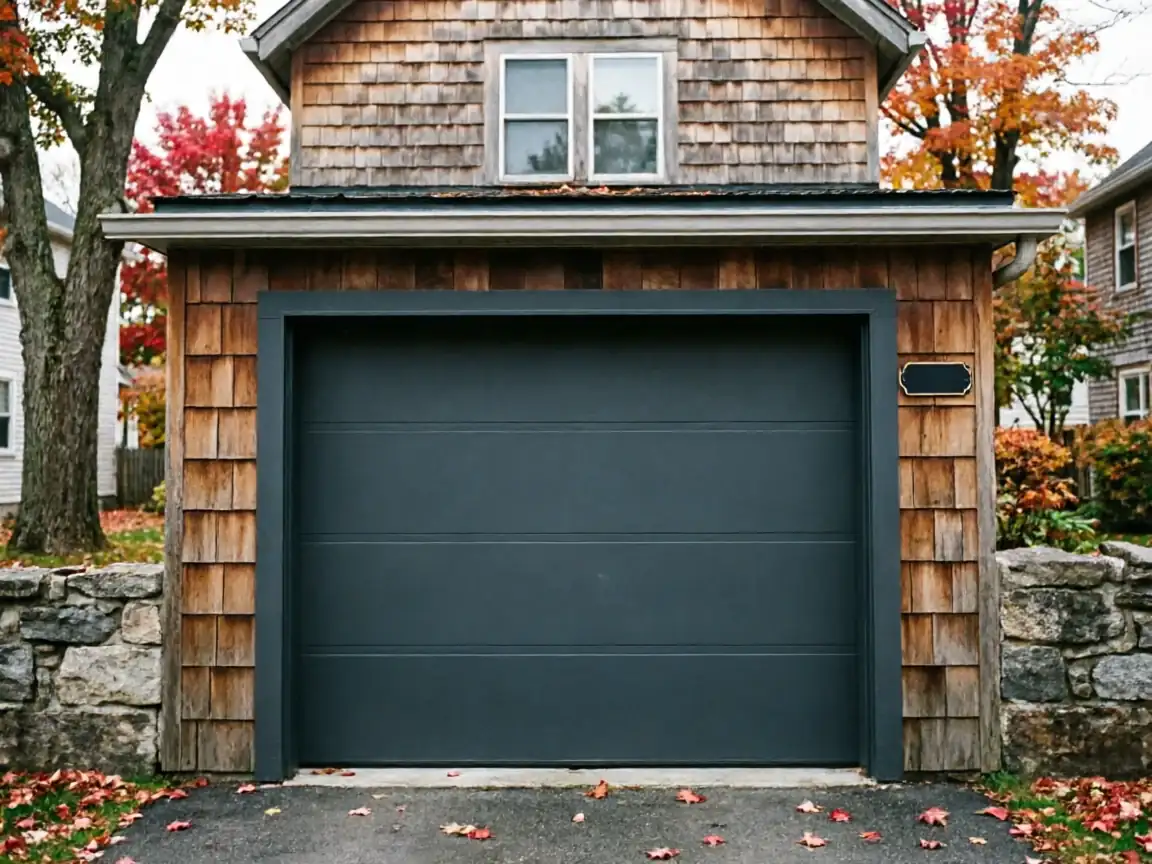 A dark gray garage door on a wooden garage with a stone wall.