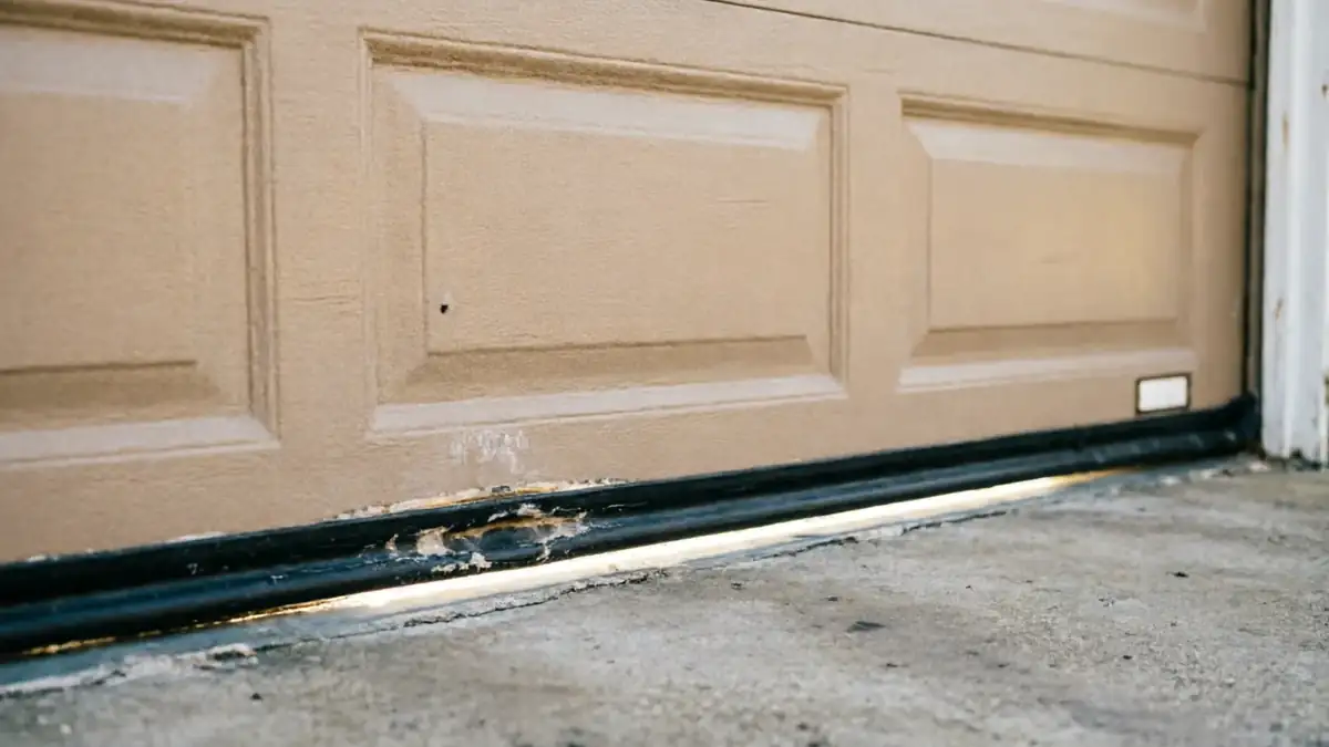 The bottom of a tan garage door shows peeling paint and a gap above the concrete.