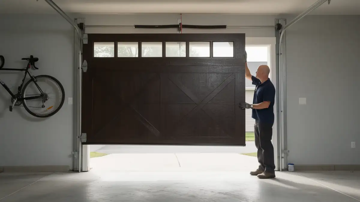 A technician installs a brown garage door with windows in an open garage.