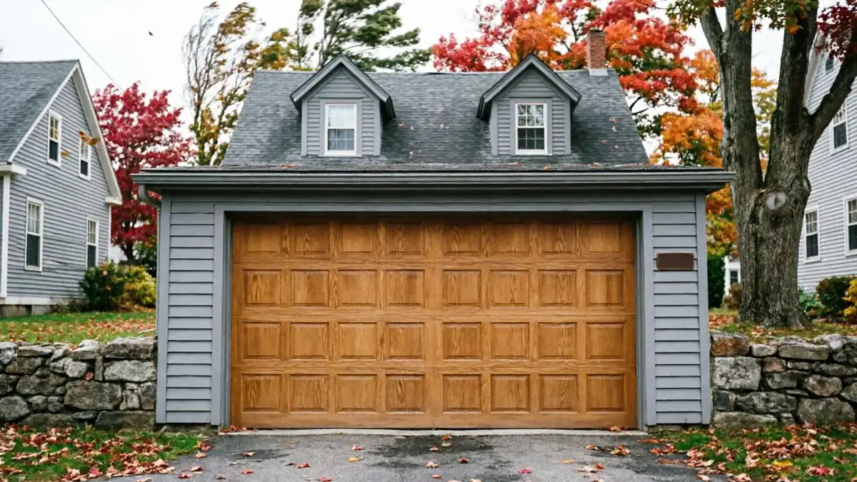 A wooden garage door on a gray garage with two dormer windows.